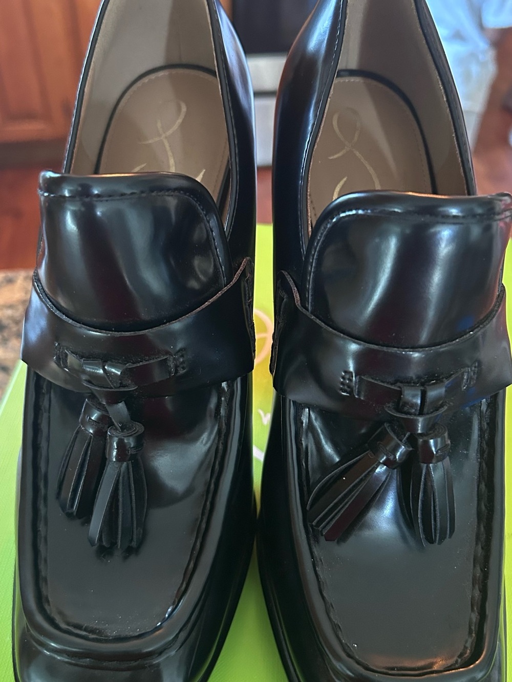Sam Edelman Black Patent Tassel Loafer Heels